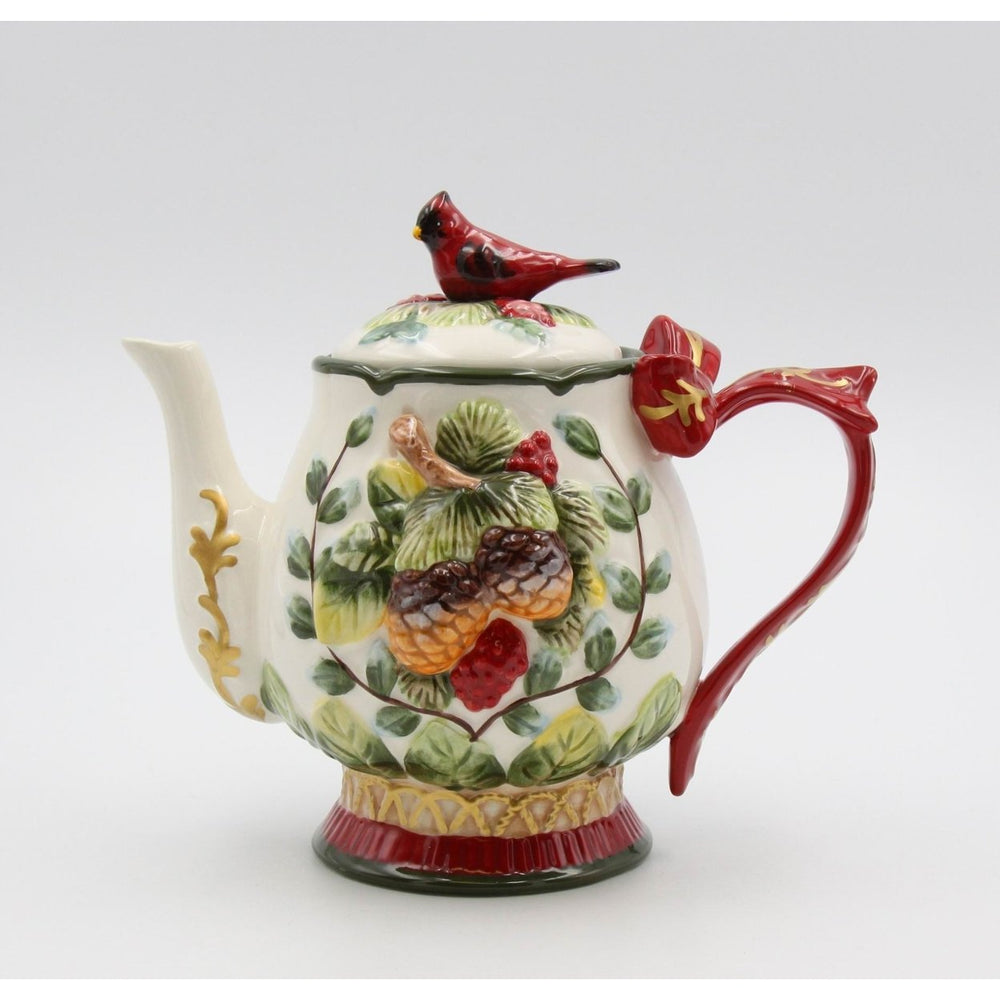 Ceramic Christmas Robin Bird Teapot 24oz Hand Painted Holiday Decor Image 2