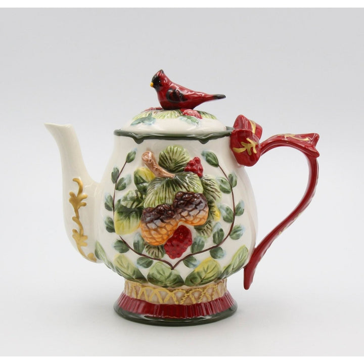 Ceramic Christmas Robin Bird Teapot 24oz Hand Painted Holiday Decor Image 2