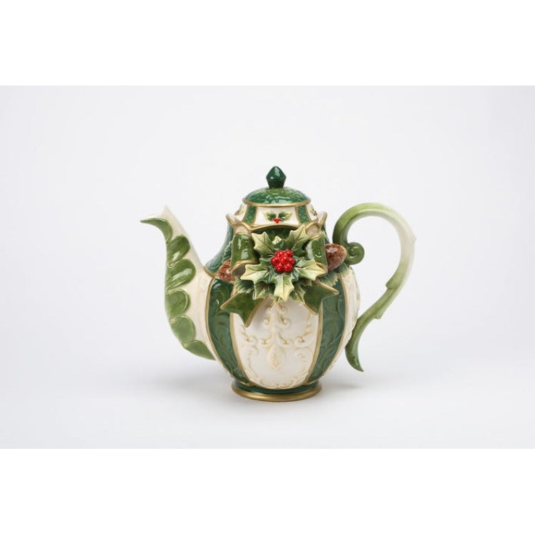 Ceramic Christmas Holly Teapot 9.25" 44oz Holiday Kitchen Decor Image 3