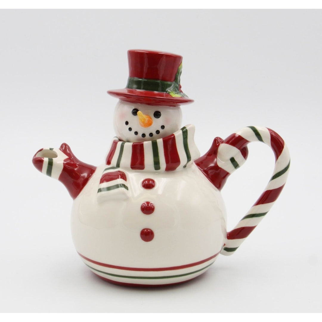 Ceramic Christmas Snowman Teapot 9.5" Hand Painted 36 Ounces Holiday Decor Gift Image 2