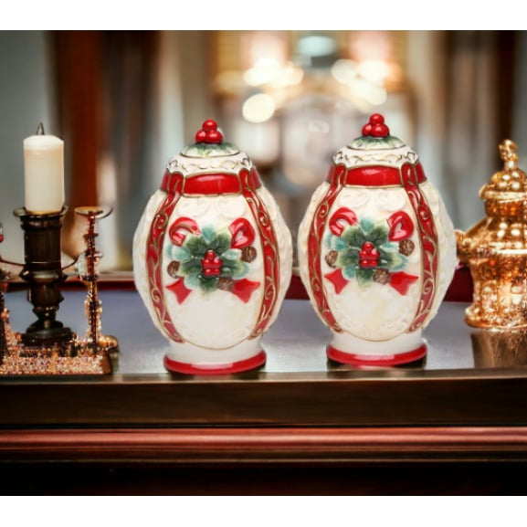 Poinsettia Ceramic Salt and Pepper Shakers 2.38in Christmas Gift Image 2