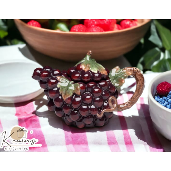 Hand Painted Ceramic Grape Teapot 8oz 6.75x4.5 Farmhouse Tea Party Image 1