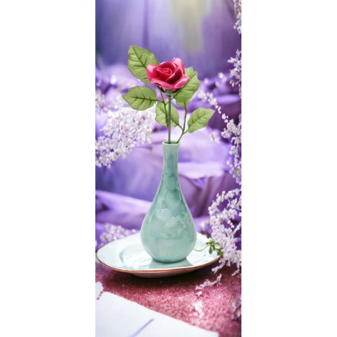 Ceramic Burgundy Rose Flower 10" in Green Vase Valentines Gift Image 1