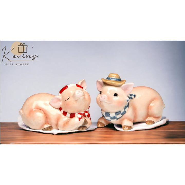 Ceramic Cowboy Pig Salt and Pepper Shakers Hand Painted Gift Image 1