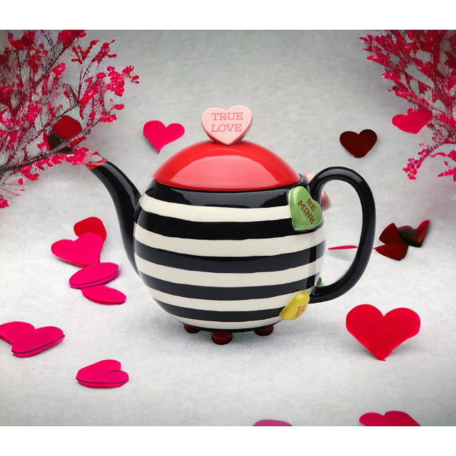 Hand Painted Ceramic Striped Teapot with Hearts 16oz Kitchen or Image 1