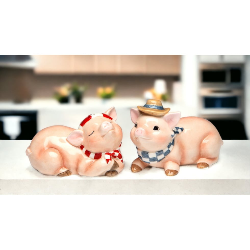 Ceramic Cowboy Pig Salt and Pepper Shakers Hand Painted Gift Image 2