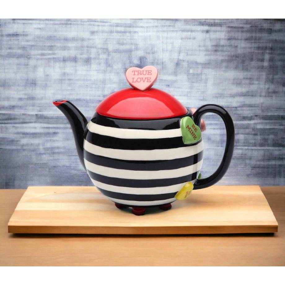 Hand Painted Ceramic Striped Teapot with Hearts 16oz Kitchen or Image 2