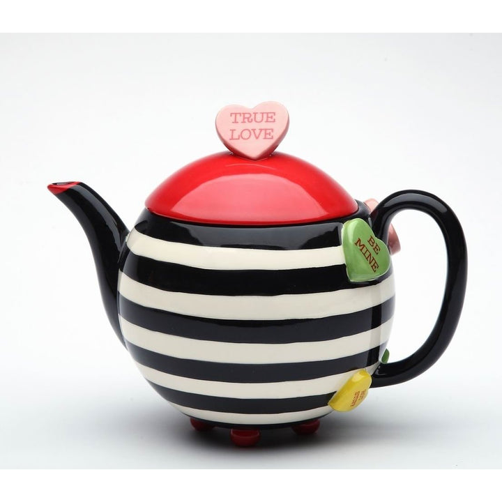 Hand Painted Ceramic Striped Teapot with Hearts 16oz Kitchen or Image 3