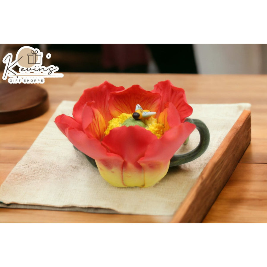 Mini Ceramic Poppy Flower Bee Teapot Figurine 4.125in Image 1