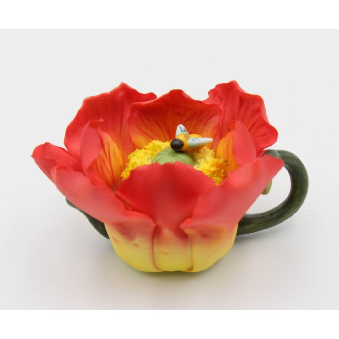 Mini Ceramic Poppy Flower Bee Teapot Figurine 4.125in Image 2