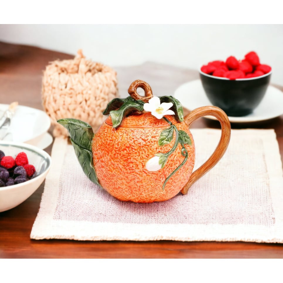 Hand Painted Ceramic Orange Teapot 12oz 6.8"x4" Tea Party Image 1