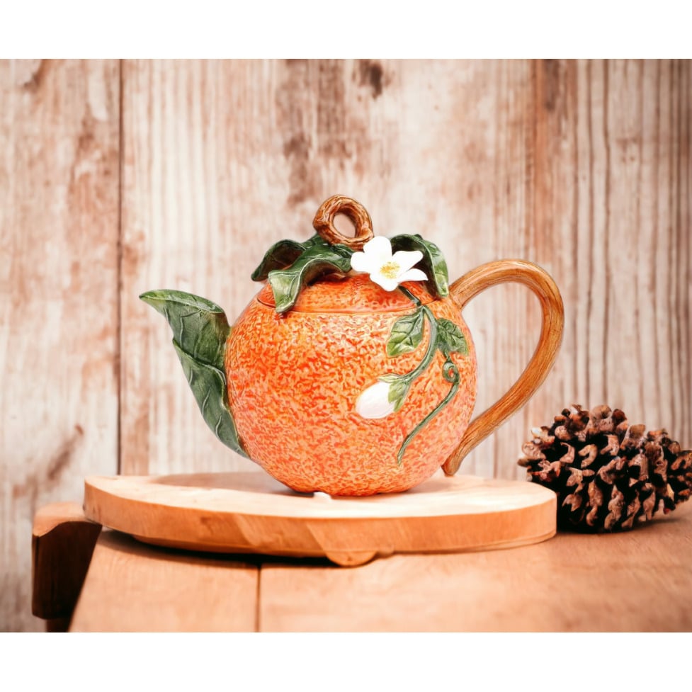 Hand Painted Ceramic Orange Teapot 12oz 6.8"x4" Tea Party Image 2