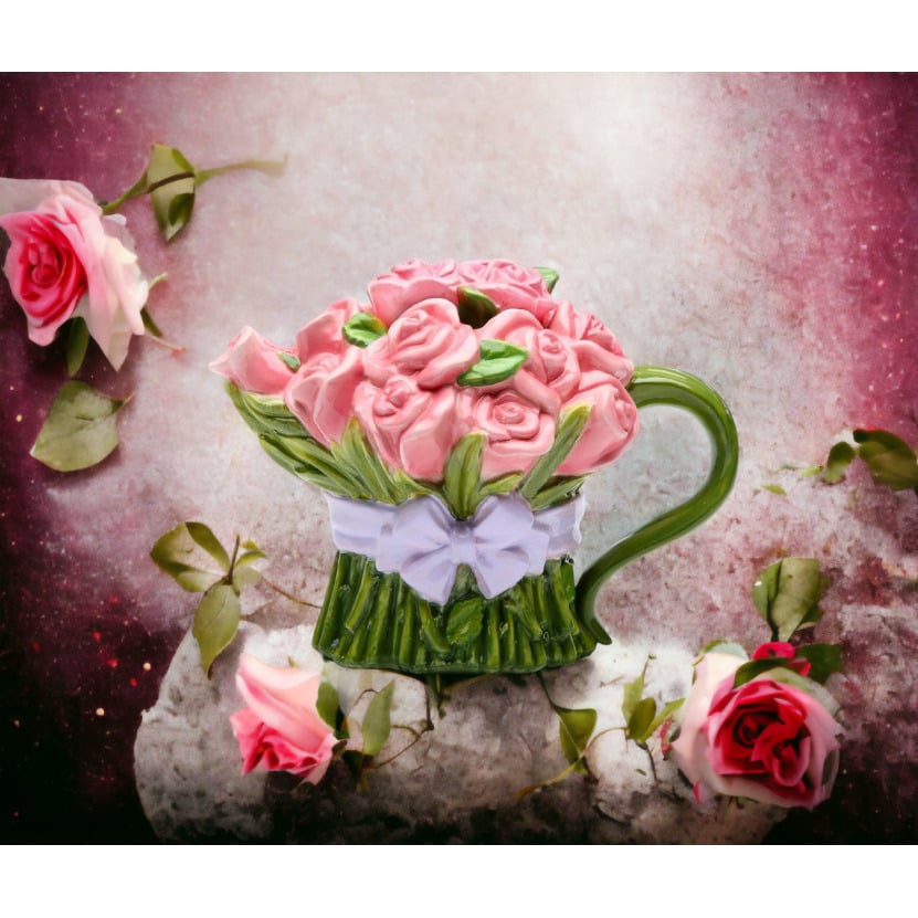 Hand Painted Pink Rose Ceramic Teapot 8oz 6.625in Gift Image 1