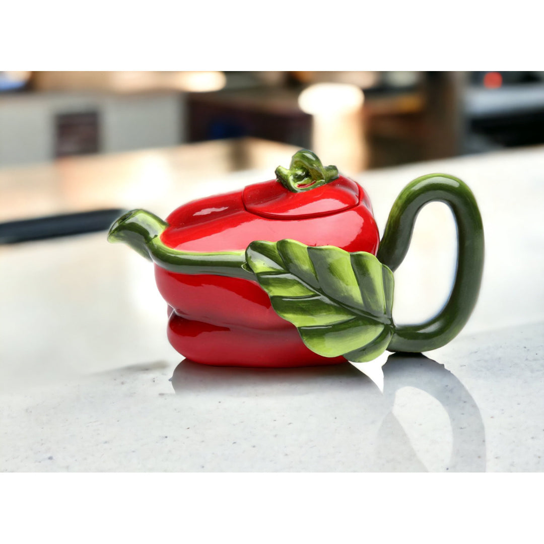 Hand Painted Ceramic Red Pepper Teapot 7.5"  Mom Image 2