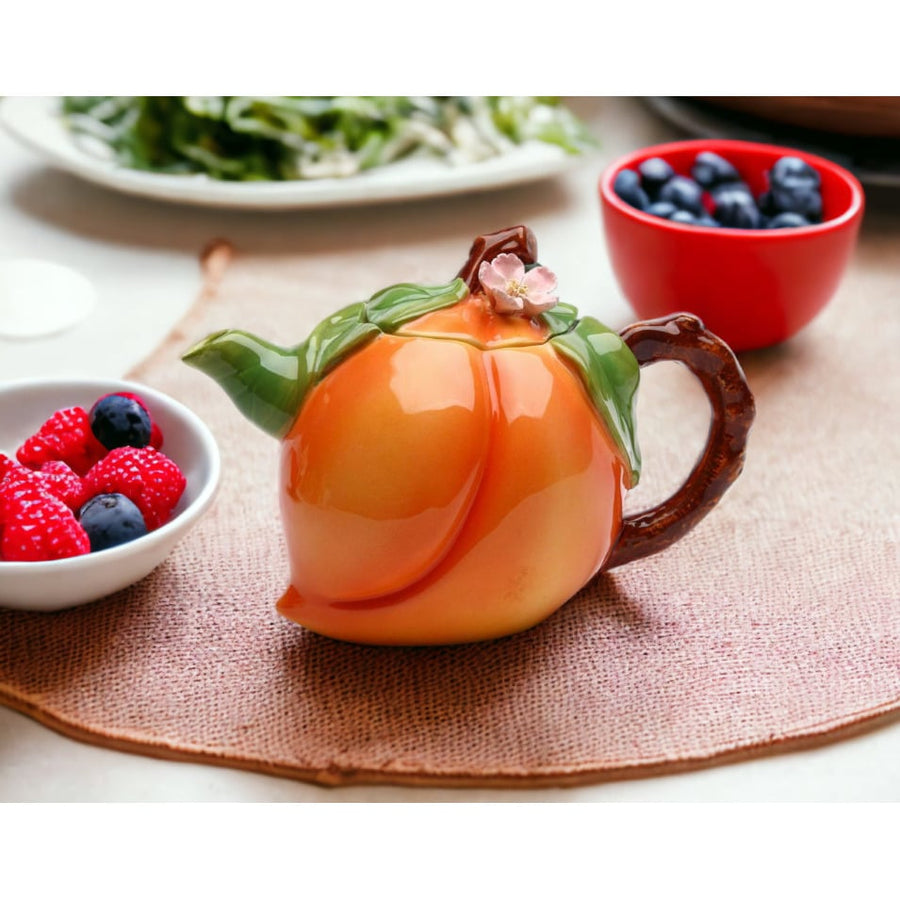 Hand Painted Ceramic Peach Teapot 12oz Farmhouse Kitchen Mom Image 1