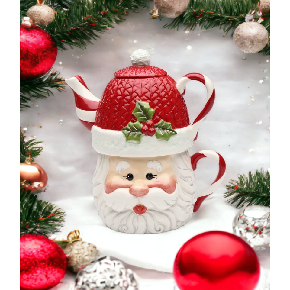 Ceramic Santa Tea Set for One 11oz Mug 15oz Pot Christmas Decor Image 1