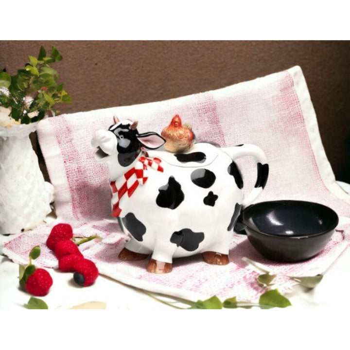 Ceramic Cow Teapot with Rooster Accent 26oz Image 1