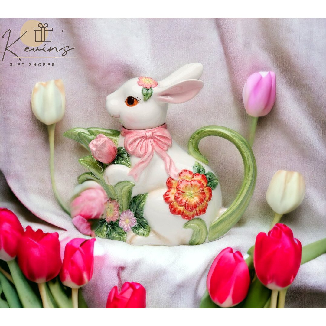 Ceramic Easter Bunny Teapot with Flowers 12 oz 7.6 in Gift Image 1