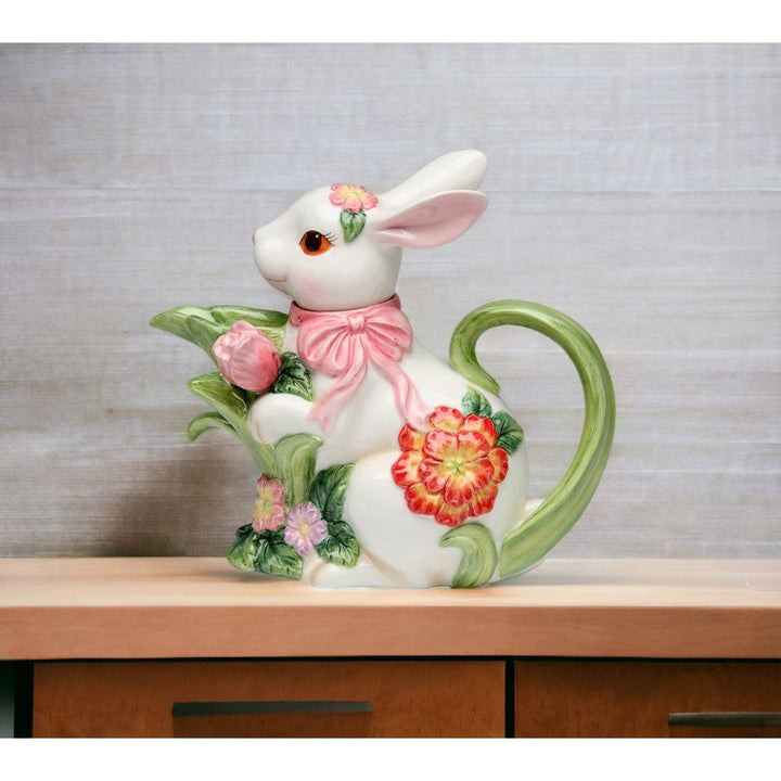 Ceramic Easter Bunny Teapot with Flowers 12 oz 7.6 in Gift Image 2