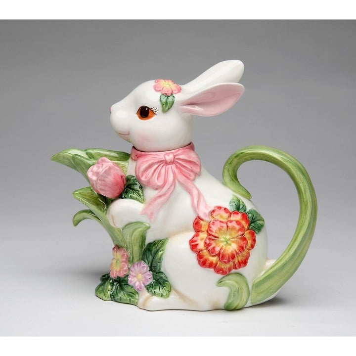 Ceramic Easter Bunny Teapot with Flowers 12 oz 7.6 in Gift Image 3