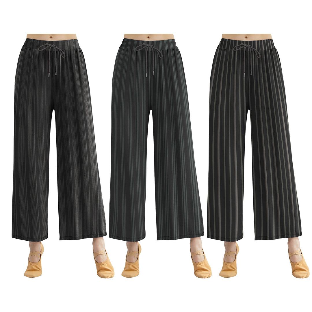 3-pack Ladies Stripe Palazzo Pants-Wide Leg, Drawstring, Quick-Dry Breathable Soft Comfy Formal Casual Beach Lounge Image 1