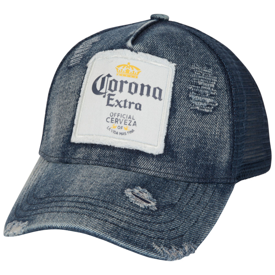 Corona Extra Label Patch Distressed Dark Denim Adjustable Hat Image 1