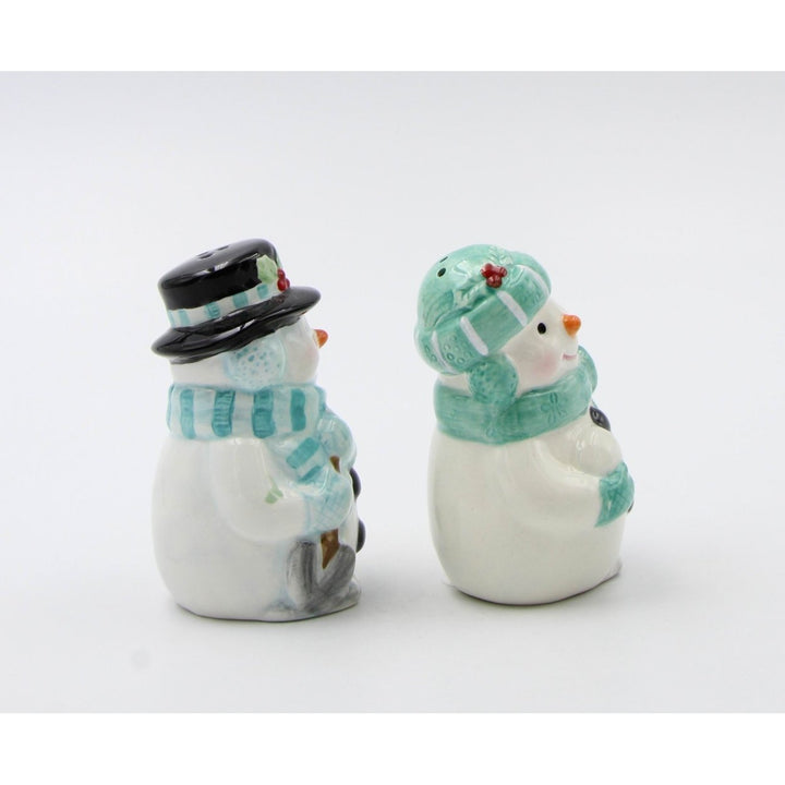 Ceramic Snowman Salt and Pepper Shakers Blue Green Image 3