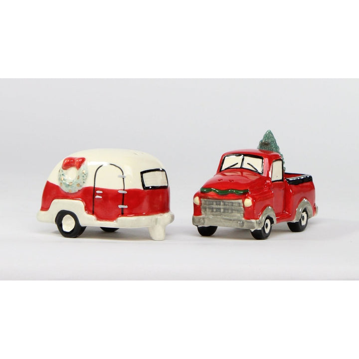 Ceramic Red Truck Salt and Pepper Shakers Christmas Tree Camper Image 3