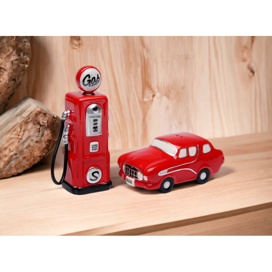 Hand Painted Ceramic Red Car Gas Pump Salt Pepper Shakers Gift Image 2