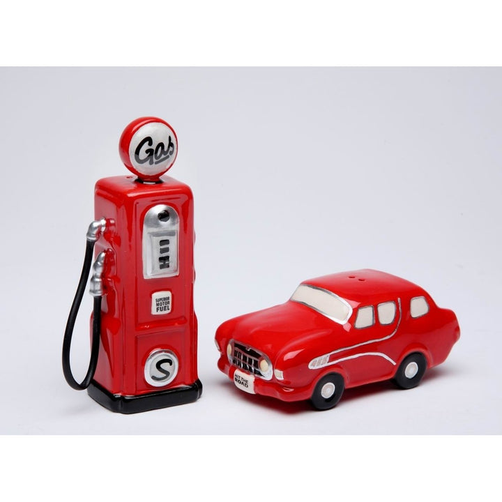 Hand Painted Ceramic Red Car Gas Pump Salt Pepper Shakers Gift Image 3