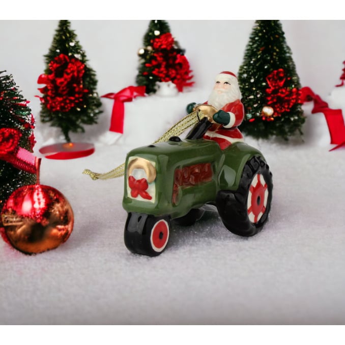 Ceramic Santa Christmas Ornament Green Tractor 4 Inch Gift Dad Image 1