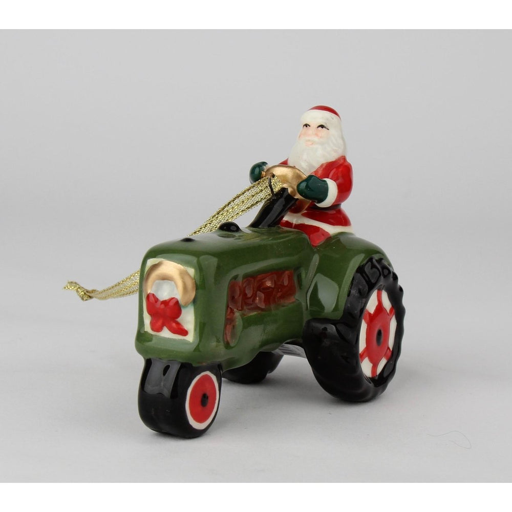 Ceramic Santa Christmas Ornament Green Tractor 4 Inch Gift Dad Image 2