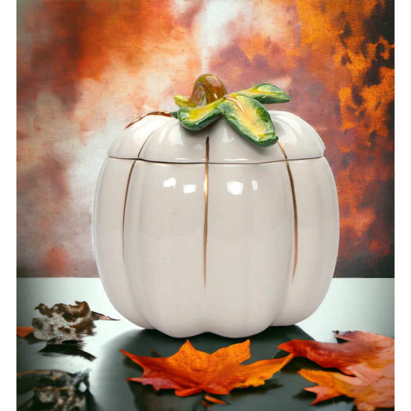 Hand Painted Ceramic White Pumpkin Candy Box 6.625" Image 1