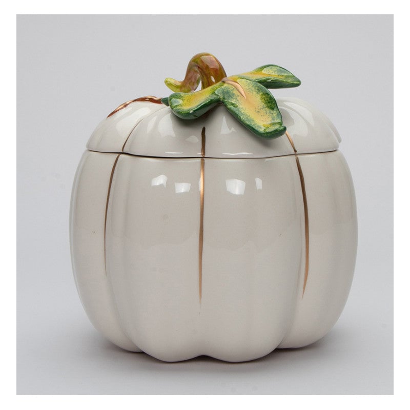 Hand Painted Ceramic White Pumpkin Candy Box 6.625" Image 2