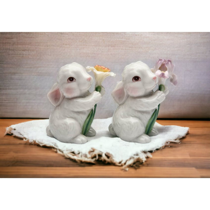 Ceramic Bunny Rabbit Salt and Pepper Shakers with Flowers Image 2