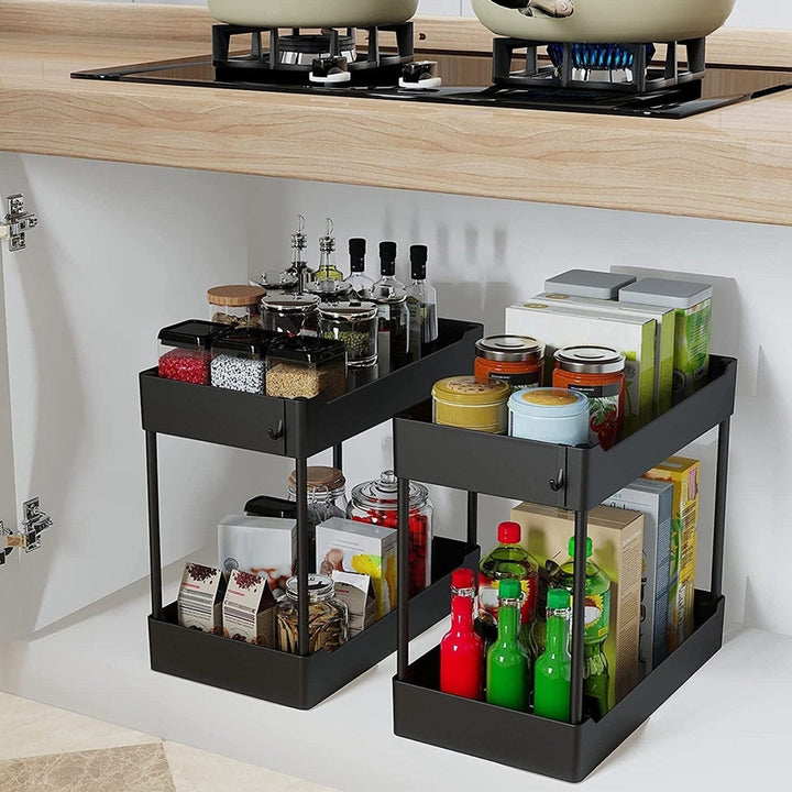 2-Tier Under Sink Shelf Organizer Space Saving Under Bathroom Sink Storage Rack with 4 Hooks Image 7