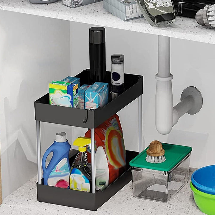 2-Tier Under Sink Shelf Organizer Space Saving Under Bathroom Sink Storage Rack with 4 Hooks Image 10