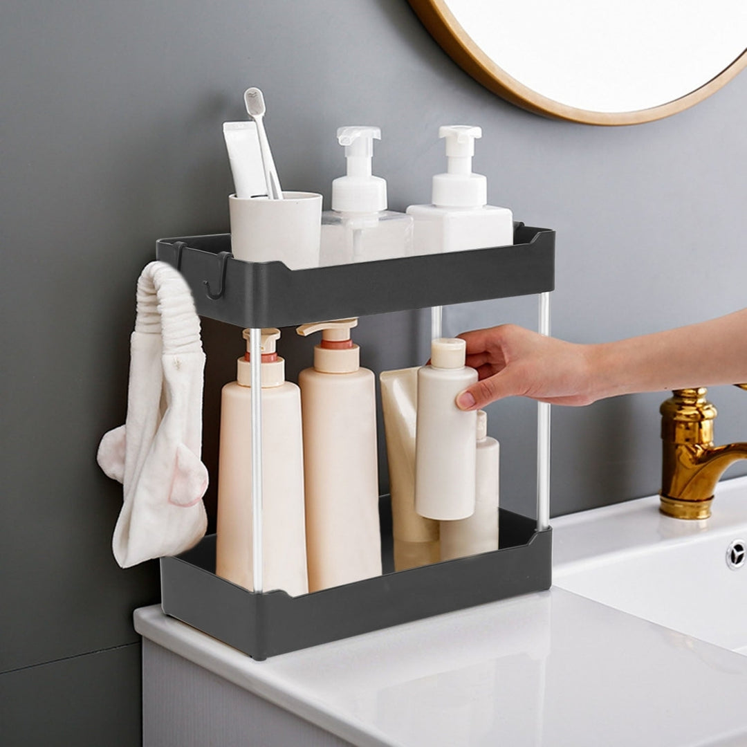 2-Tier Under Sink Shelf Organizer Space Saving Under Bathroom Sink Storage Rack with 4 Hooks Image 11