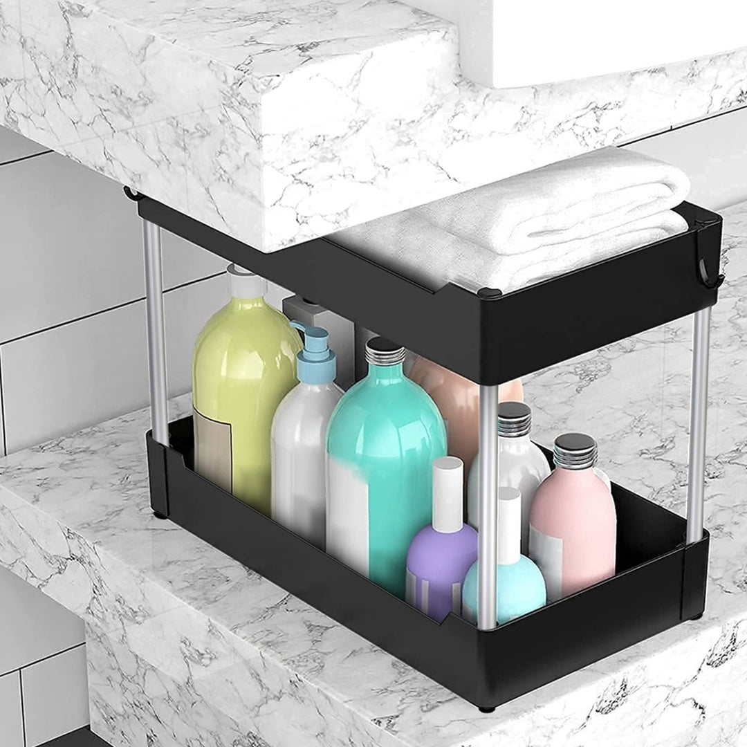 2-Tier Under Sink Shelf Organizer Space Saving Under Bathroom Sink Storage Rack with 4 Hooks Image 12