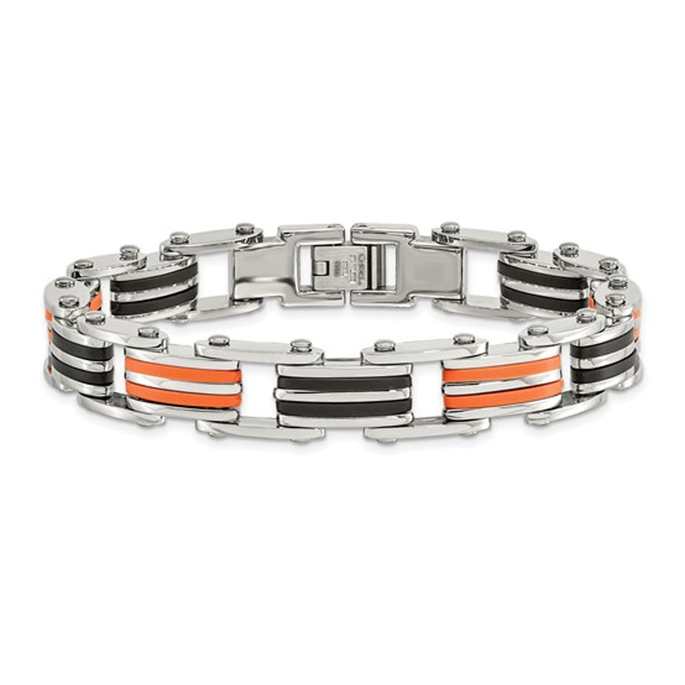 Mens Stainless Steel Bracelet with Black and Orange Rubber 8.75 Inch Image 1