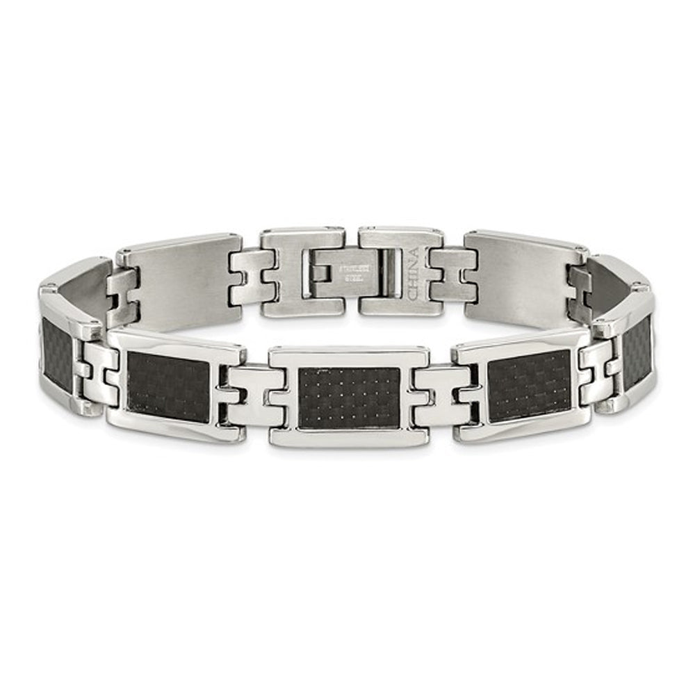 Mens Stainless Steel Carbon Fiber Bracelet 9.25 Inches Image 2