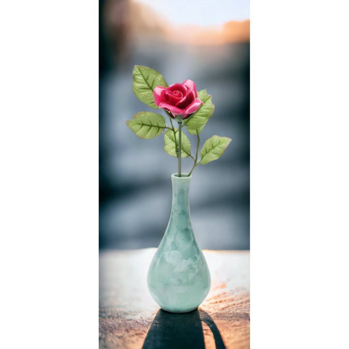 Ceramic Burgundy Rose Flower 10" in Green Vase Valentines Gift Image 2