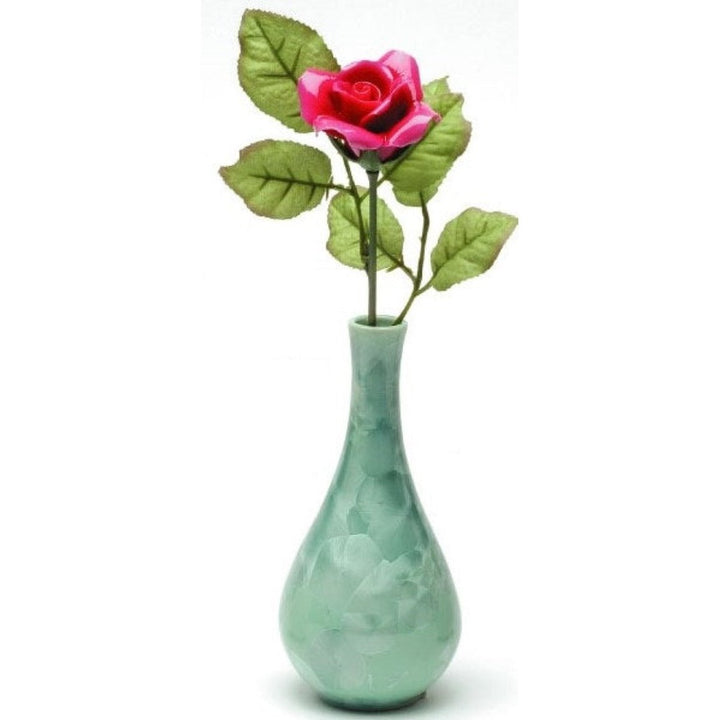 Ceramic Burgundy Rose Flower 10" in Green Vase Valentines Gift Image 3