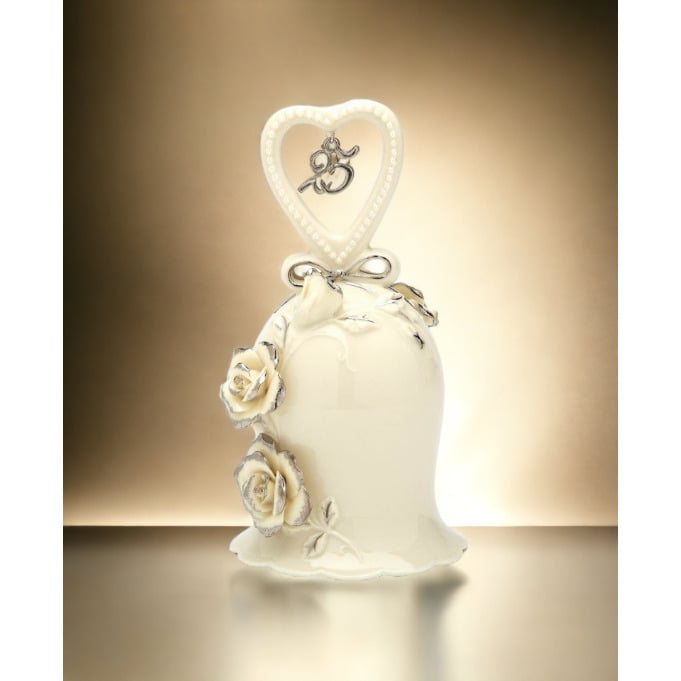 Hand Crafted Ceramic Ivory Rose Bell 25th Anniversary Decor Gift Silver Accents Image 1