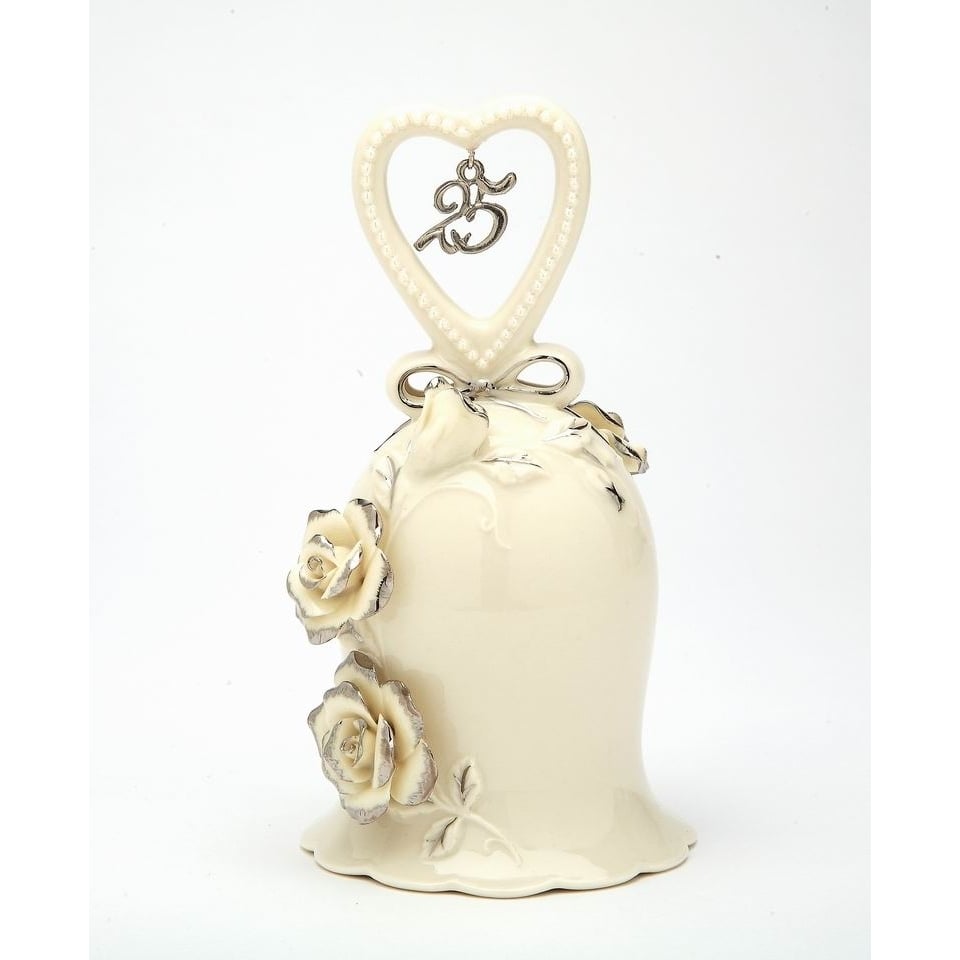 Hand Crafted Ceramic Ivory Rose Bell 25th Anniversary Decor Gift Silver Accents Image 3