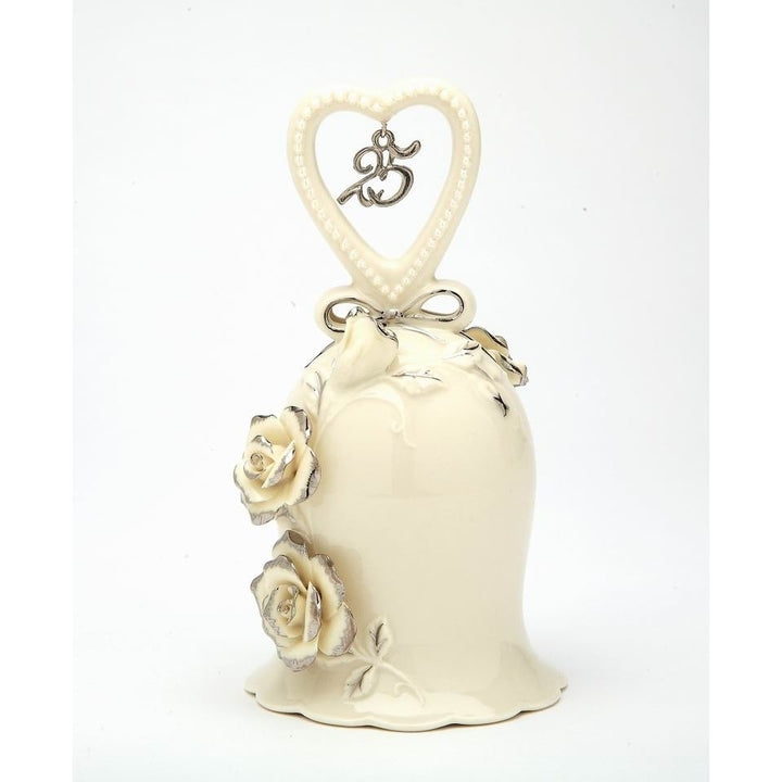 Hand Crafted Ceramic Ivory Rose Bell 25th Anniversary Decor Gift Silver Accents Image 3