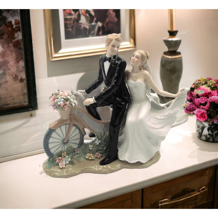 Ceramic Newlywed Couple on Bike Figurine 12.25 inch Wedding Decor Image 1