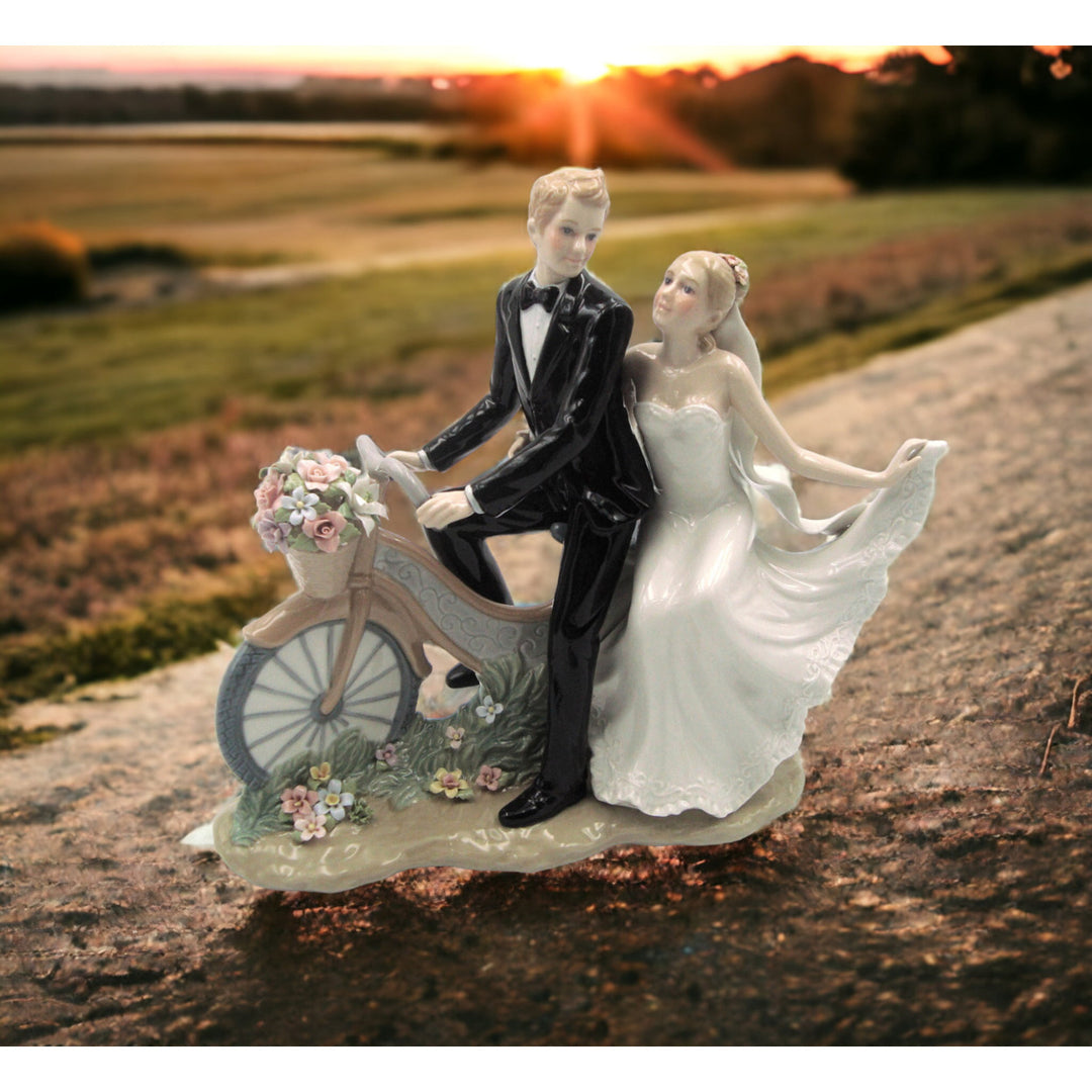 Ceramic Newlywed Couple on Bike Figurine 12.25 inch Wedding Decor Image 2