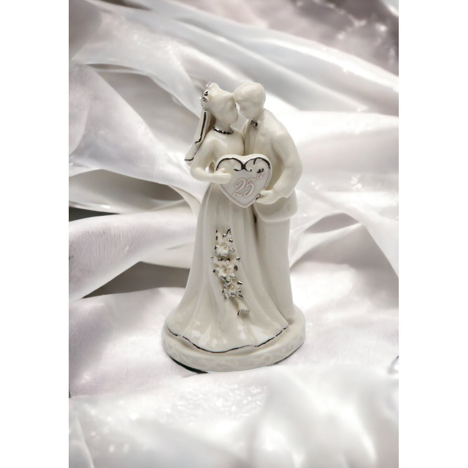 Hand Crafted Ceramic 25th Anniversary Couple Cake Topper Silver Accents 2.5 inches Image 2