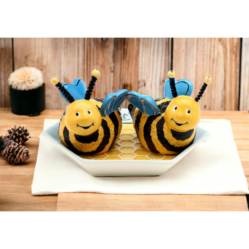 Let it Bee: Hand Painted Ceramic Bumblebees Salt and Pepper With Plate ( Set Of 3 )Home DcorKitchen Dcor Image 2
